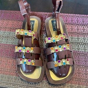 Grandco Brown Sandals with Multiple-Coloured Gems Size 9